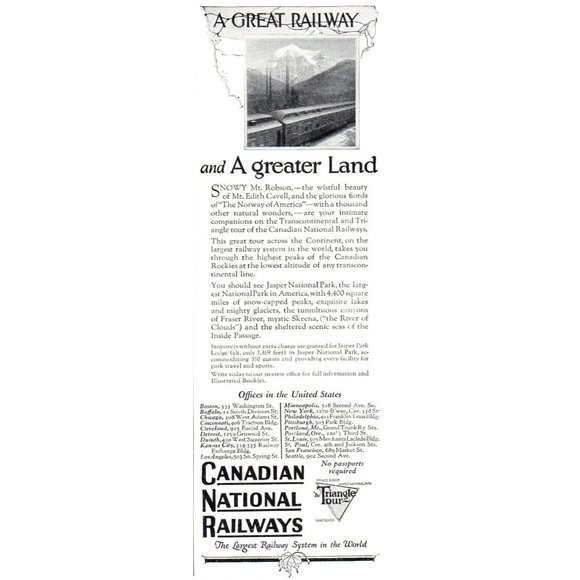1924 Canadian National Railways Triangle Tour Vintage Print Ad Mt Robson Art - Picture 1 of 2